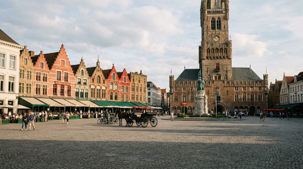 Historic Markt square and belfry tower in Bruges, Belgium