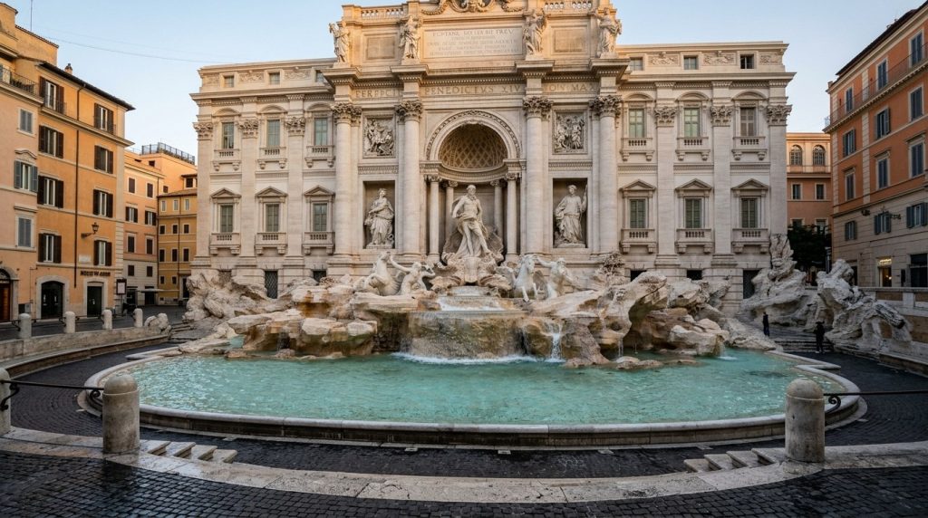 Trevi Fountain in Rome in early morning with few visitors