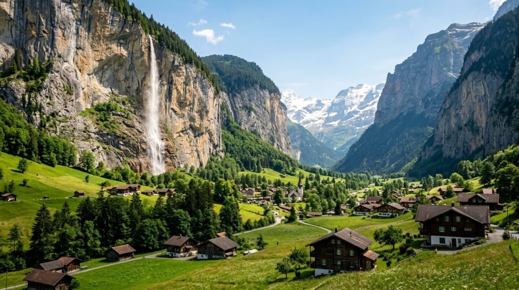 Staubbach Falls cascading above the Lauterbrunnen valley in summer