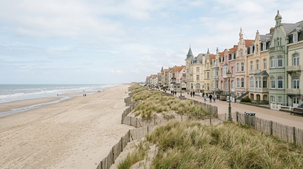 Sandy beach and pastel villas at De Haan on the Belgian coast