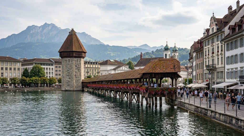 Chapel Bridge crossing the Reuss river in Lucerne, Switzerland