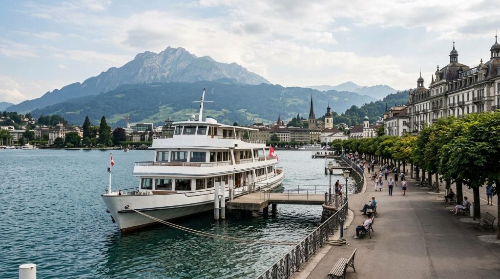 Passenger boat docked on Lake Lucerne near the city promenade