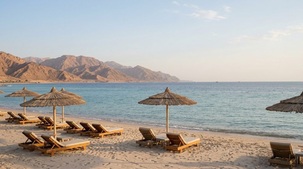 Calm Red Sea beach with loungers at Ain Sokhna, Egypt