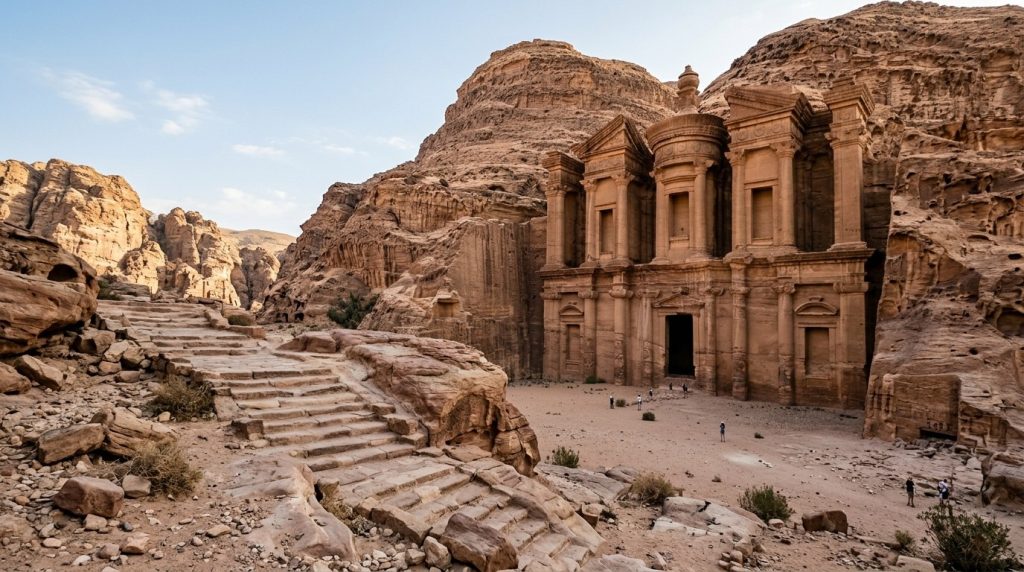 Rock-cut facade of the Monastery carved into a cliff in Petra