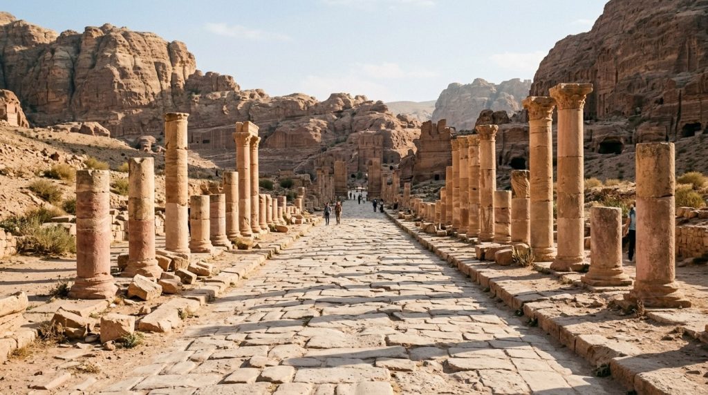Weathered stone columns along the Colonnaded Street in Petra