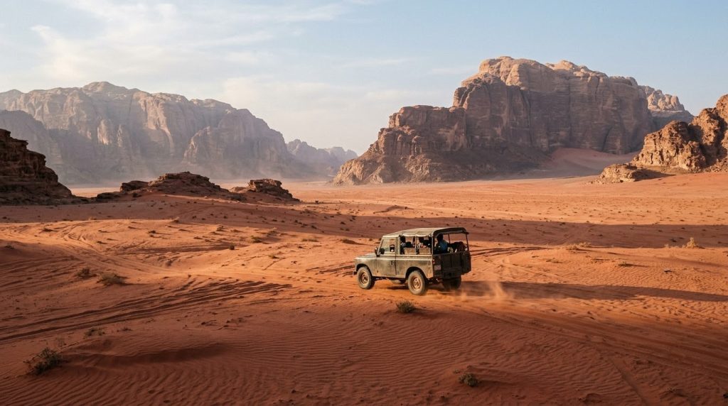Jeep crossing red sand dunes among rock formations in Wadi Rum