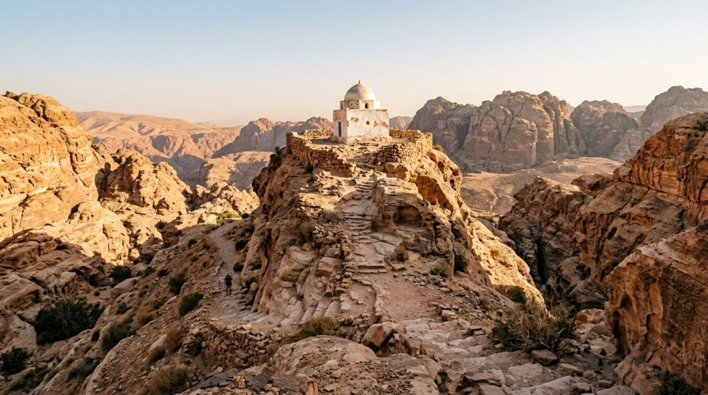 White domed shrine atop a rocky mountain peak above Petra
