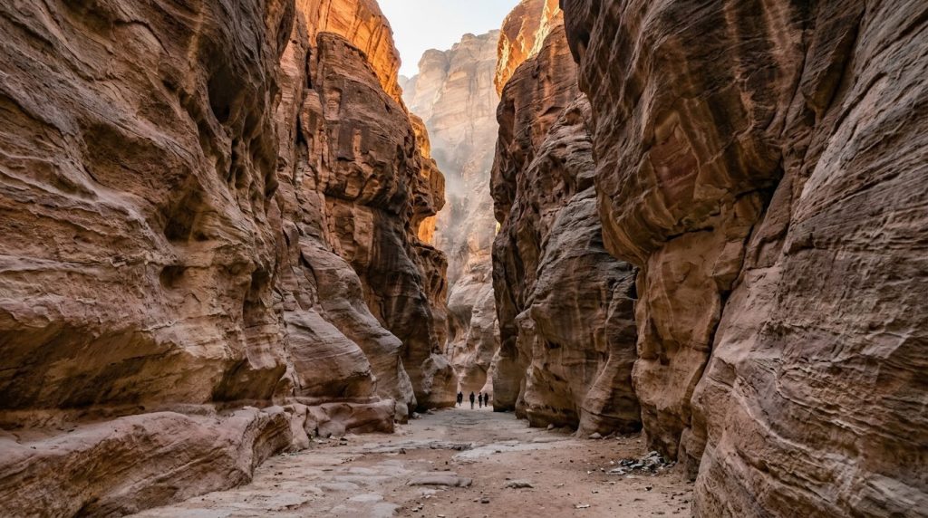 Narrow sandstone Siq passage at the entrance to Petra at dawn
