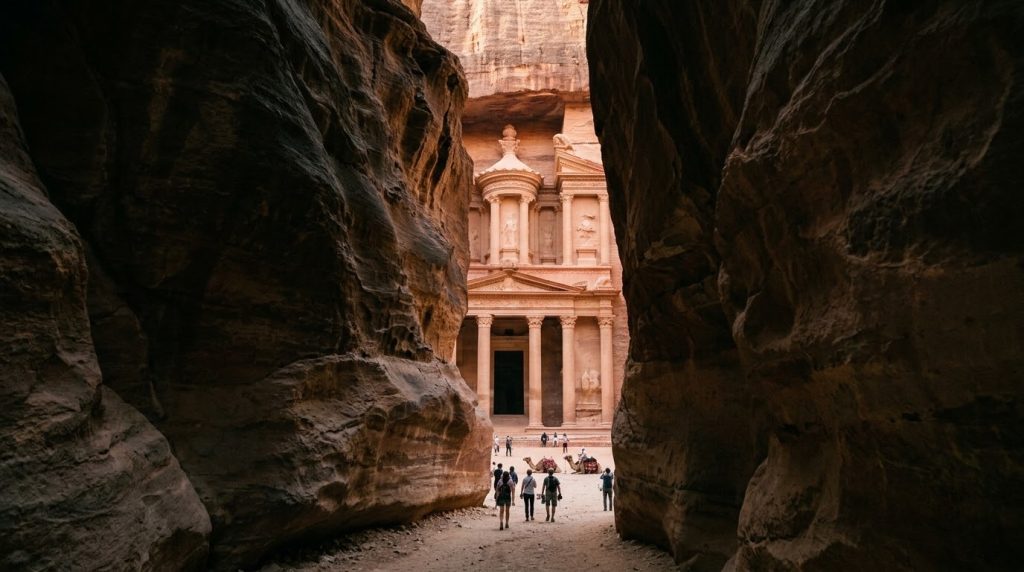 Treasury facade emerging from the Siq canyon in Petra