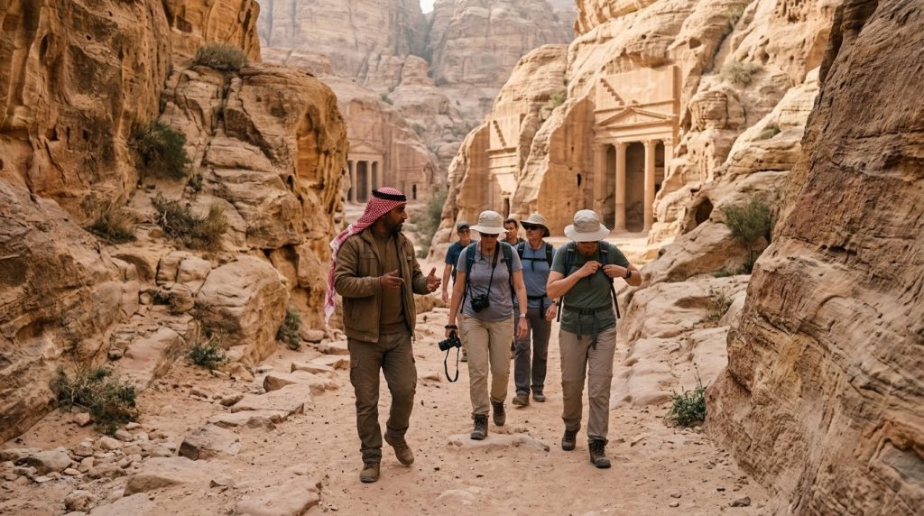 Guide leading a group along a trail near Little Petra, Jordan