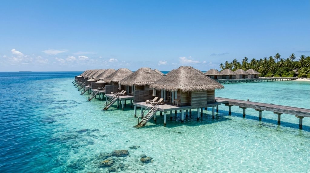 Overwater bungalows above turquoise lagoon water in the Maldives