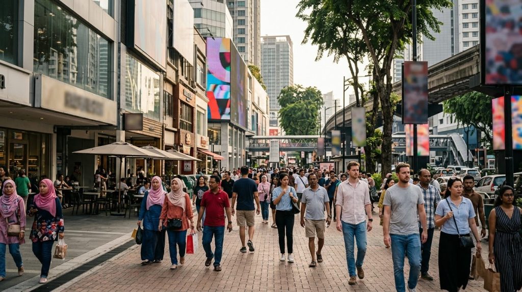 Pedestrian street lined with shops in Bukit Bintang, Kuala Lumpur
