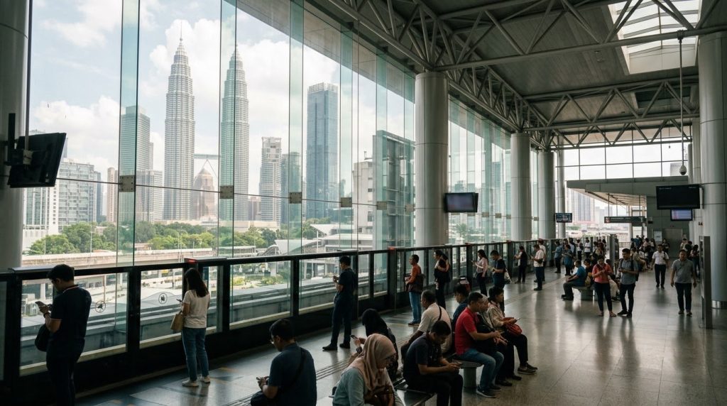 MRT train platform with the Petronas Towers visible in Kuala Lumpur