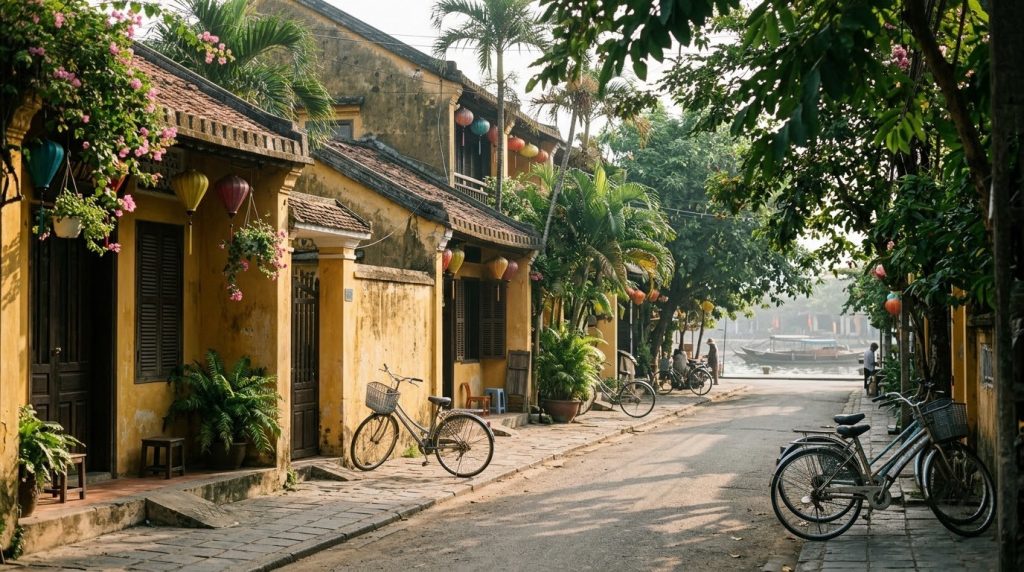 Quiet tree-lined lane near the Thu Bon river in Hoi An
