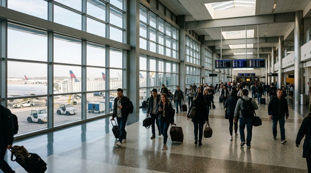 Airport terminal walkway with travelers at JFK Airport, New York
