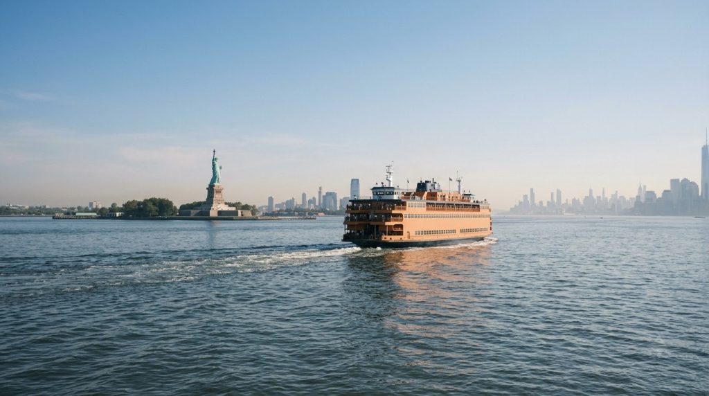 Ferry crossing the harbor toward the Statue of Liberty, New York