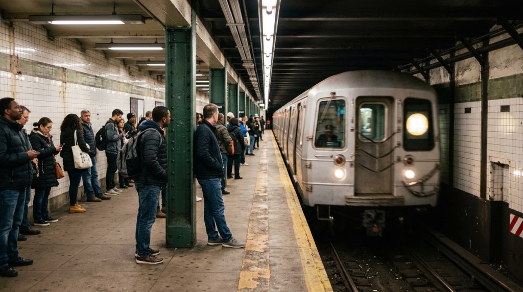 Commuters waiting on a subway platform in New York City