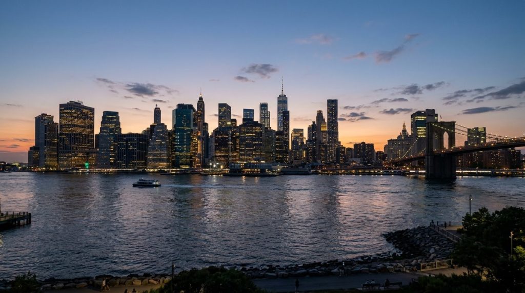 Manhattan skyline across the East River at dusk