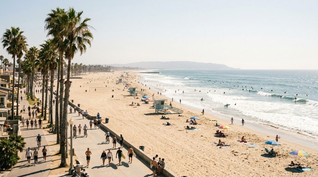 Sandy beach with palm trees and surfers in Los Angeles