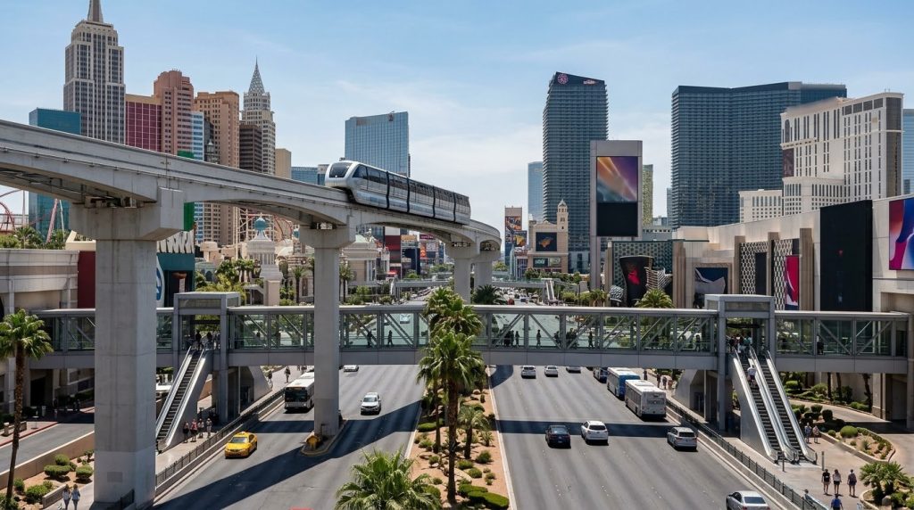 Elevated monorail above the Las Vegas Strip in daylight