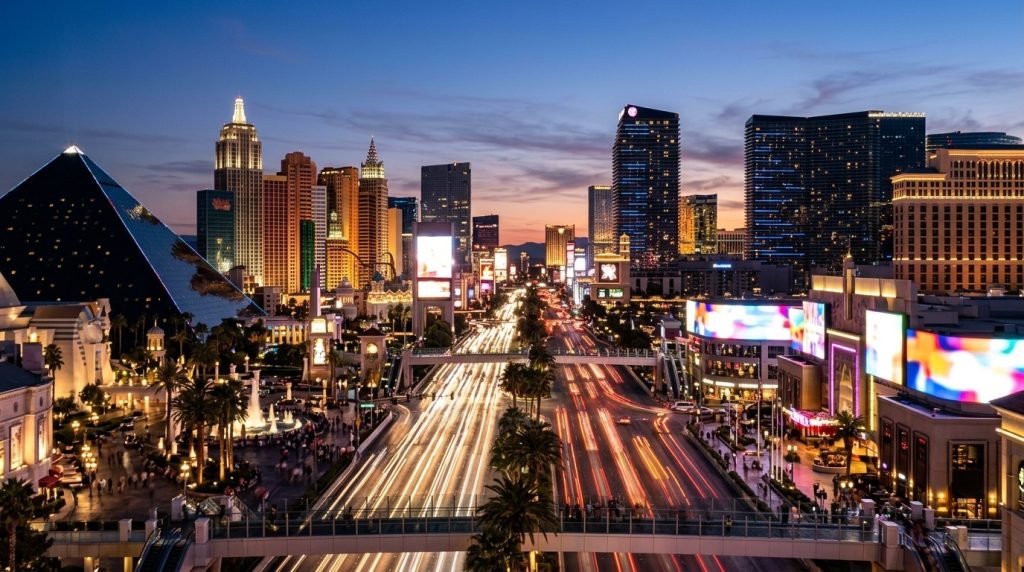 Las Vegas Strip skyline with lit hotel towers at dusk