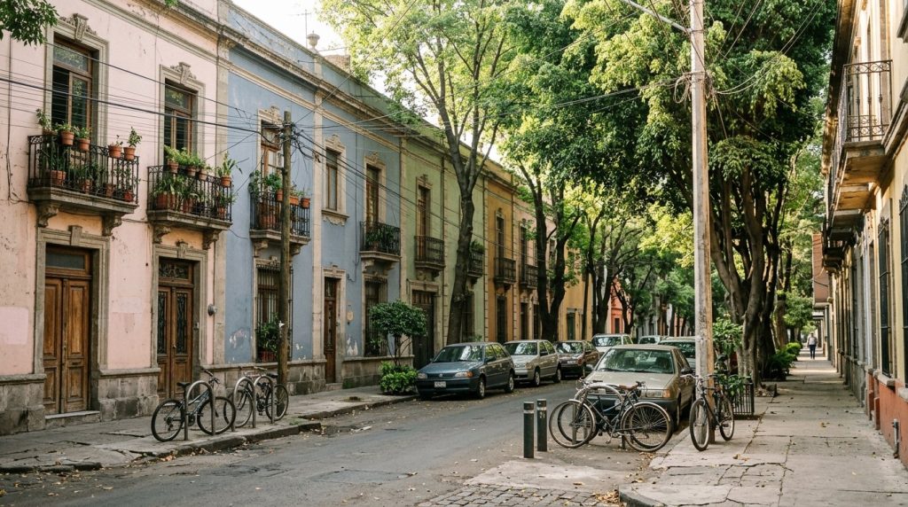 Quiet tree-lined street in the Roma neighborhood of Mexico City