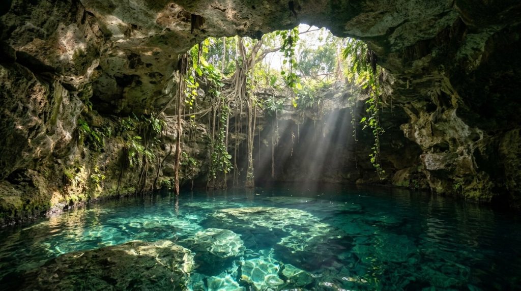 Sunlight filtering into a turquoise cenote near Tulum, Mexico