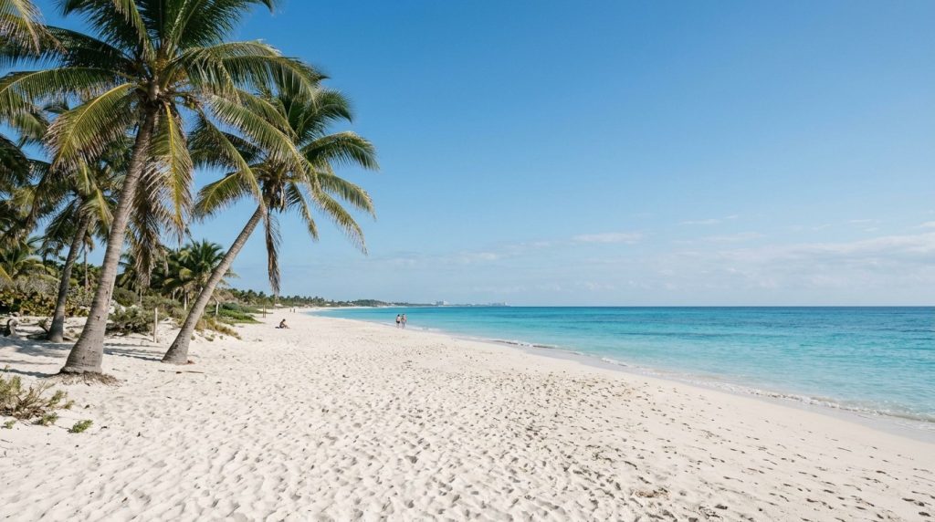 Calm turquoise beach with palm trees in Cancun, Mexico