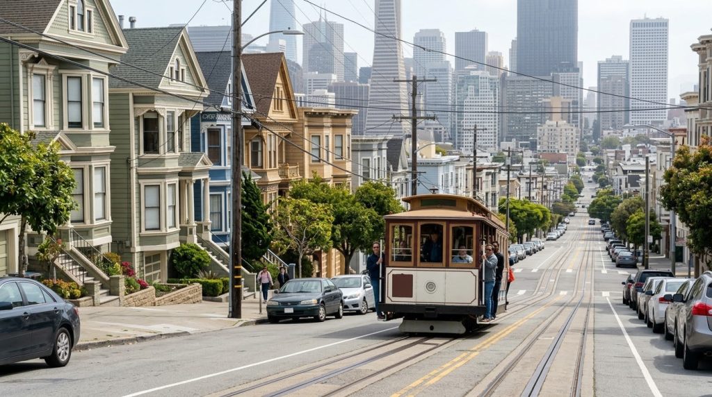 Cable car climbing a steep street in downtown San Francisco