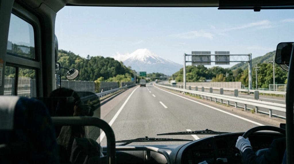 Highway bus traveling toward snow-capped Mount Fuji, Japan