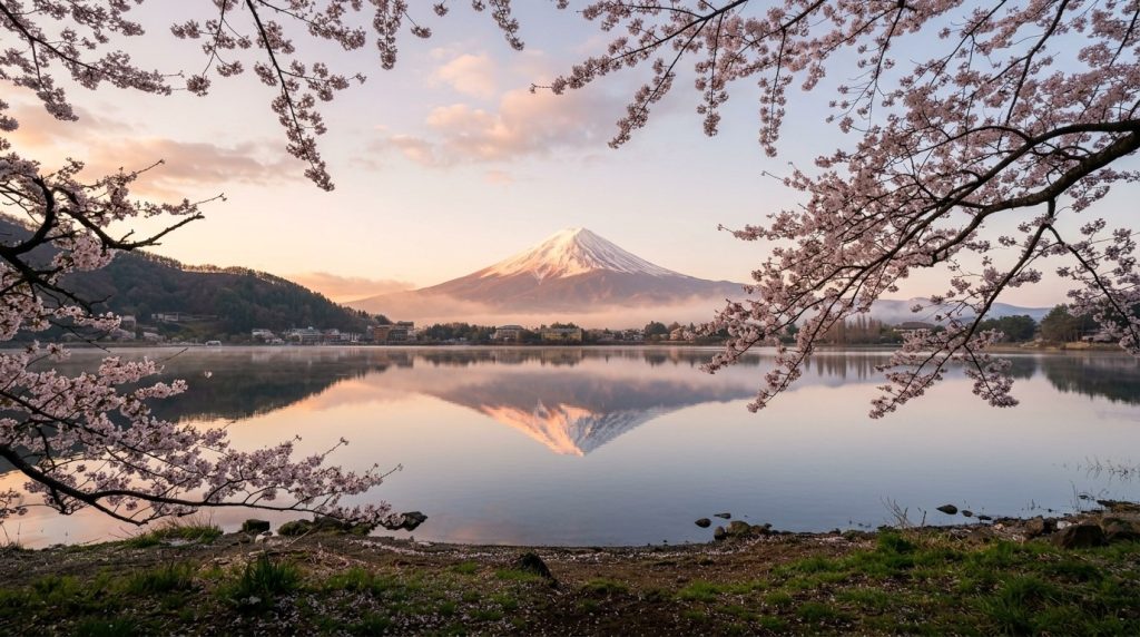 Mount Fuji reflected in Lake Kawaguchiko at sunrise
