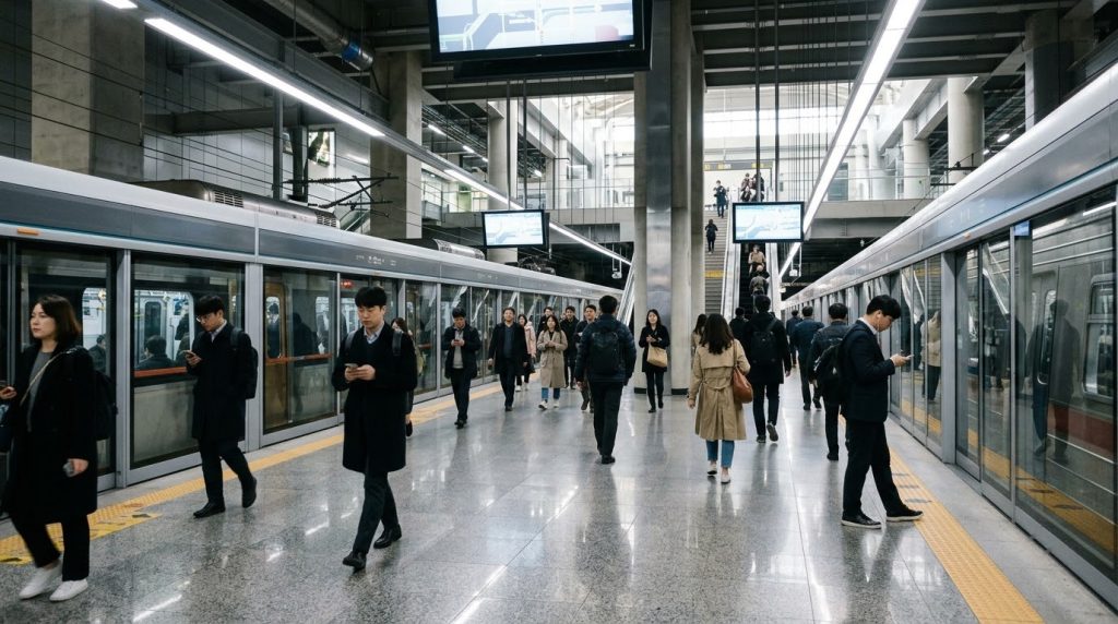Commuters walking through a modern subway platform in Seoul