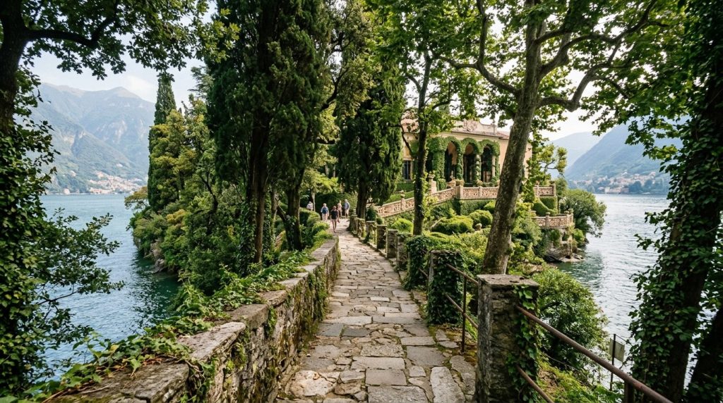 Stone pathway to Villa del Balbianello on Lake Como's peninsula