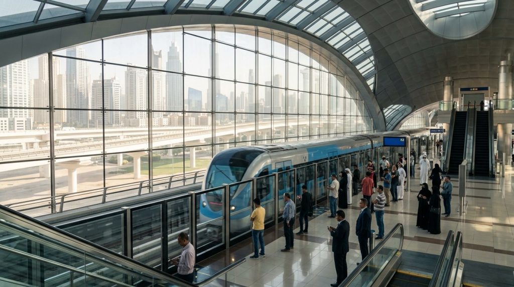 Dubai Metro train arriving at an elevated station platform