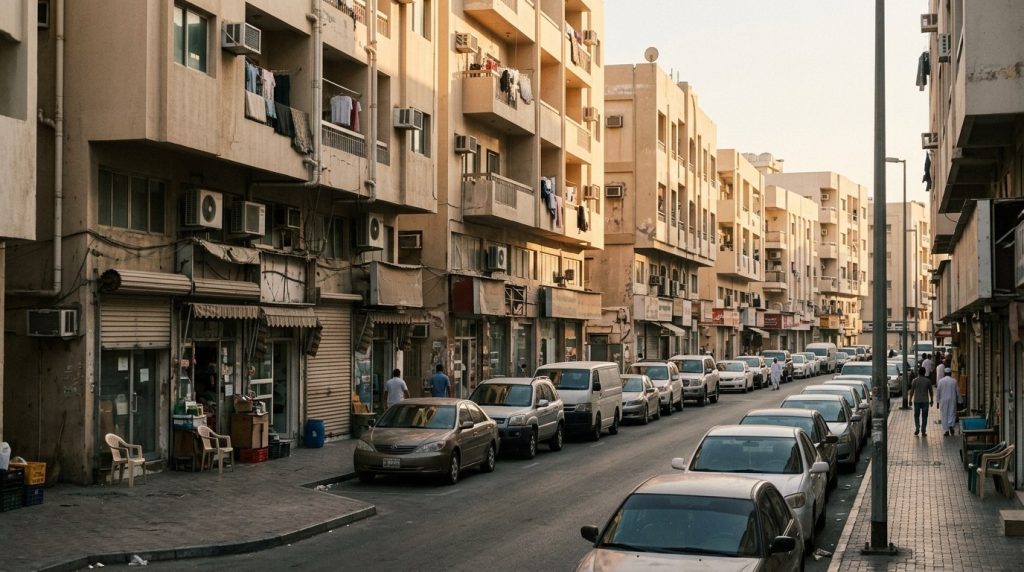 Quiet street lined with small shops in Deira, Dubai
