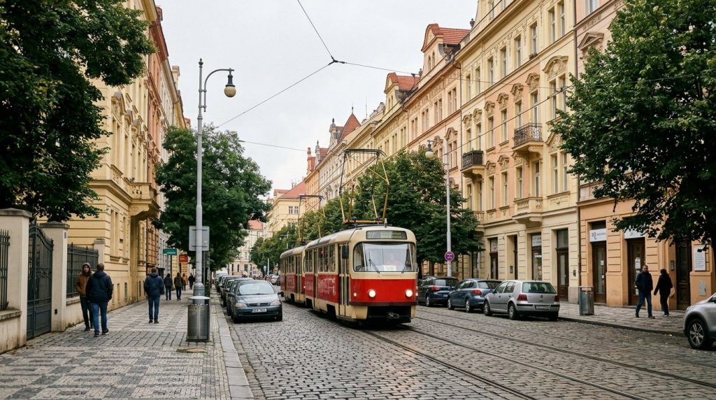 Tram rolling through the Vinohrady district of Prague