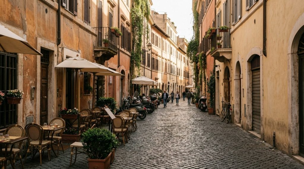 Quiet cobblestone street with cafe tables in central Rome