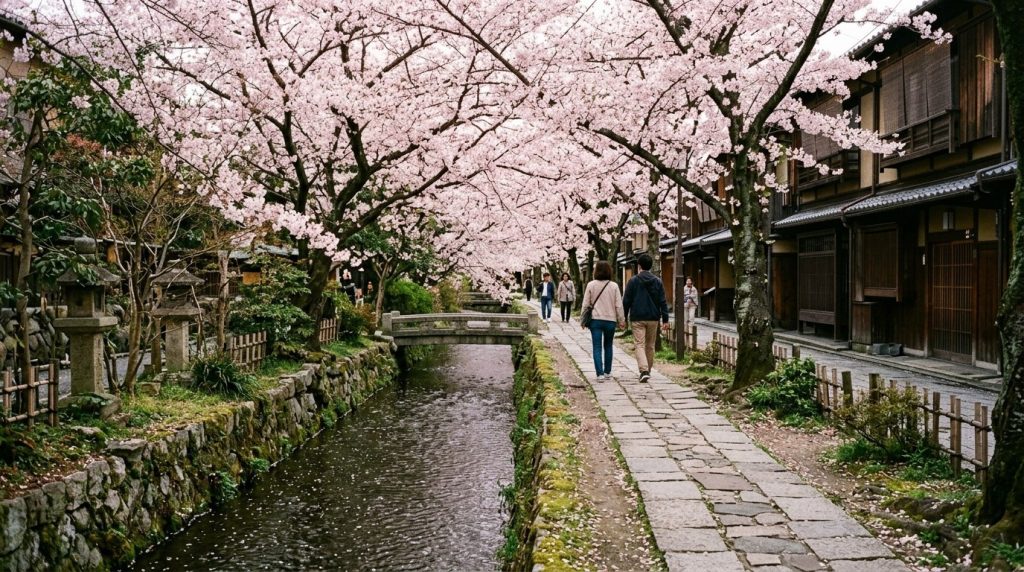 Stone canal path lined with cherry trees in Kyoto