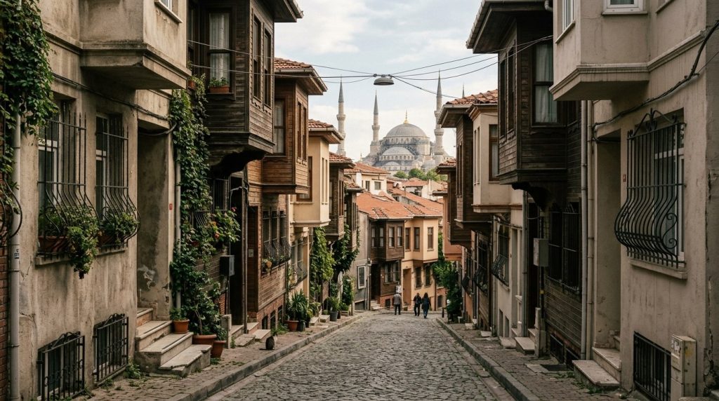 Street in Sultanahmet with the Blue Mosque's domes above rooftops