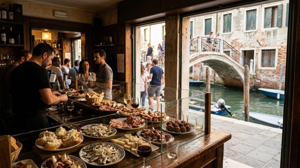 Canal-side bar with cicchetti plates on the counter in Venice