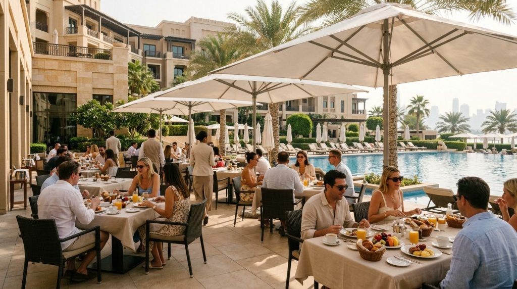 Elegant hotel terrace set for weekend brunch in Dubai