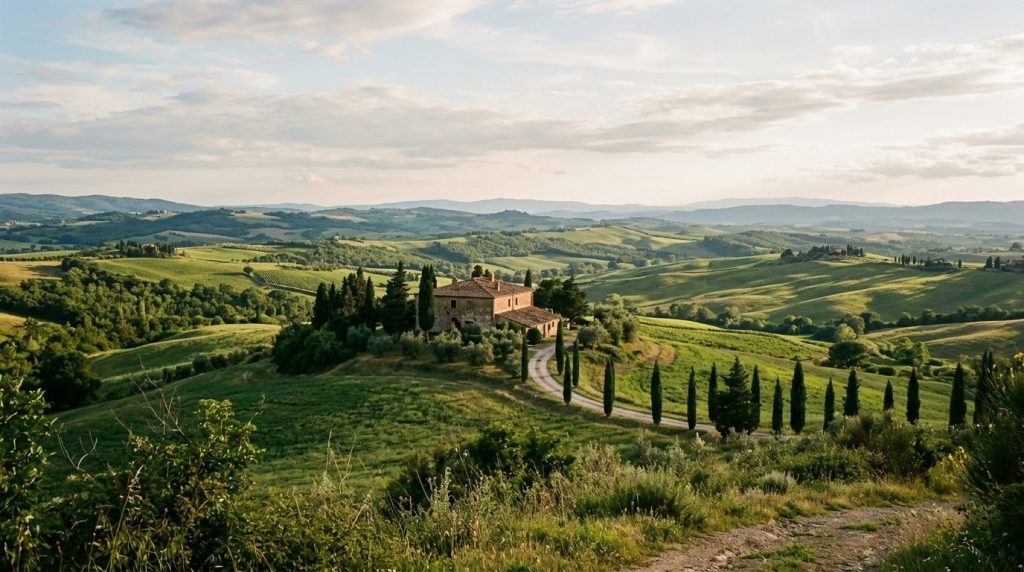 Rolling Tuscan hills with cypress trees near Siena, Italy