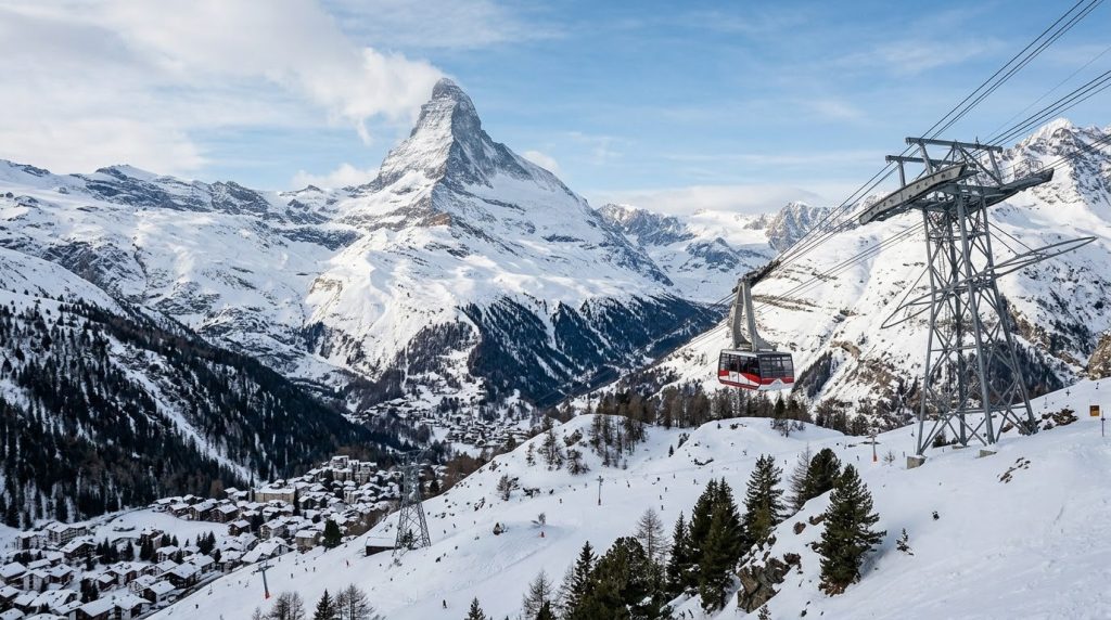 Cable car ascending toward the snow-covered Matterhorn above Zermatt