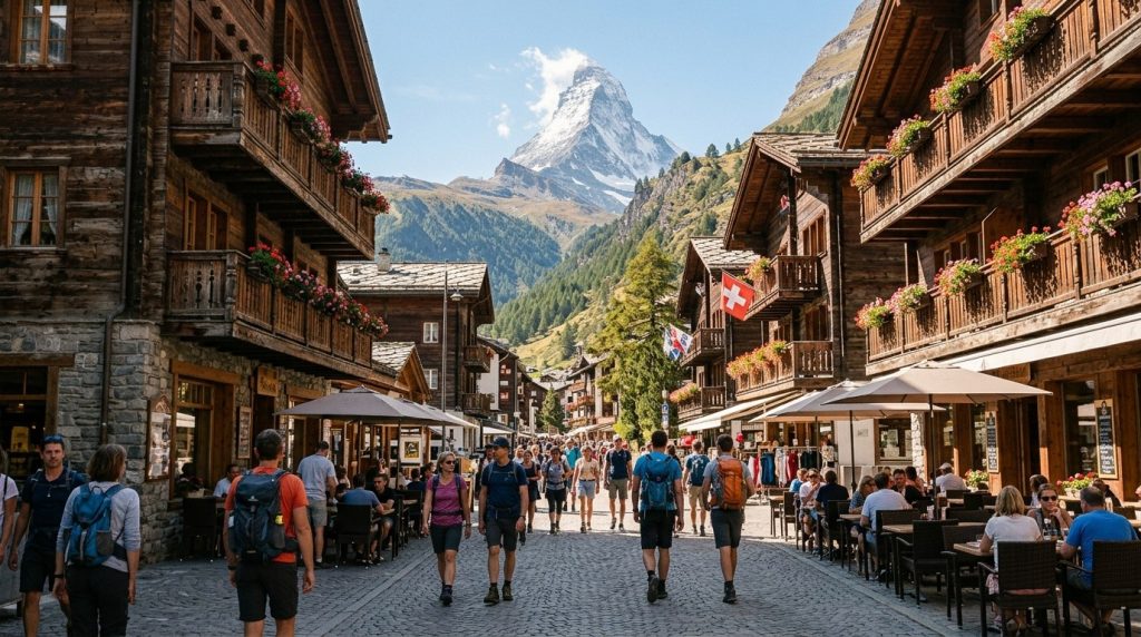Car-free street in Zermatt with the Matterhorn in the distance