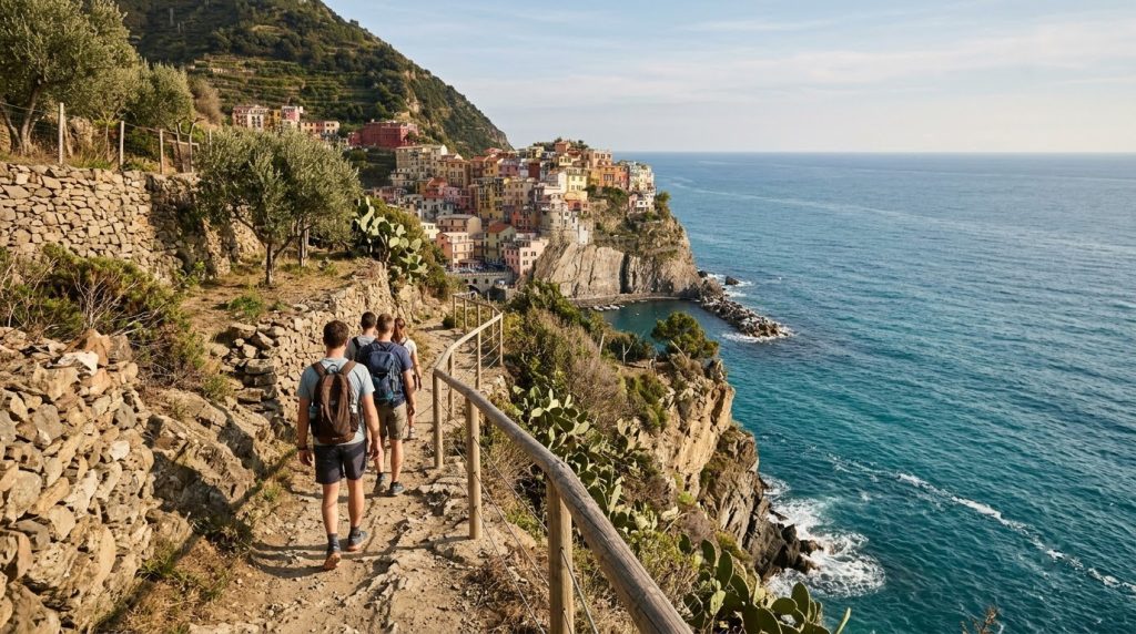 Hikers on a cliffside coastal trail near Riomaggiore, Cinque Terre