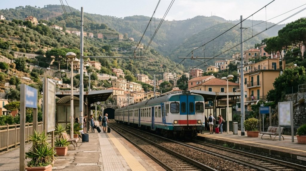 Regional train at a station platform in La Spezia, Italy