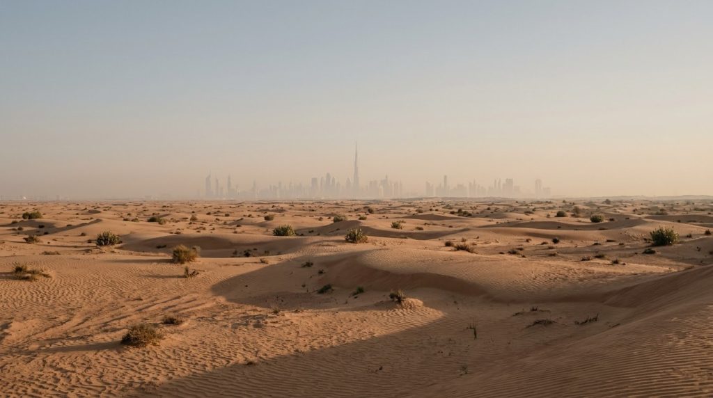 Desert dunes on the outskirts of Dubai with skyline on horizon