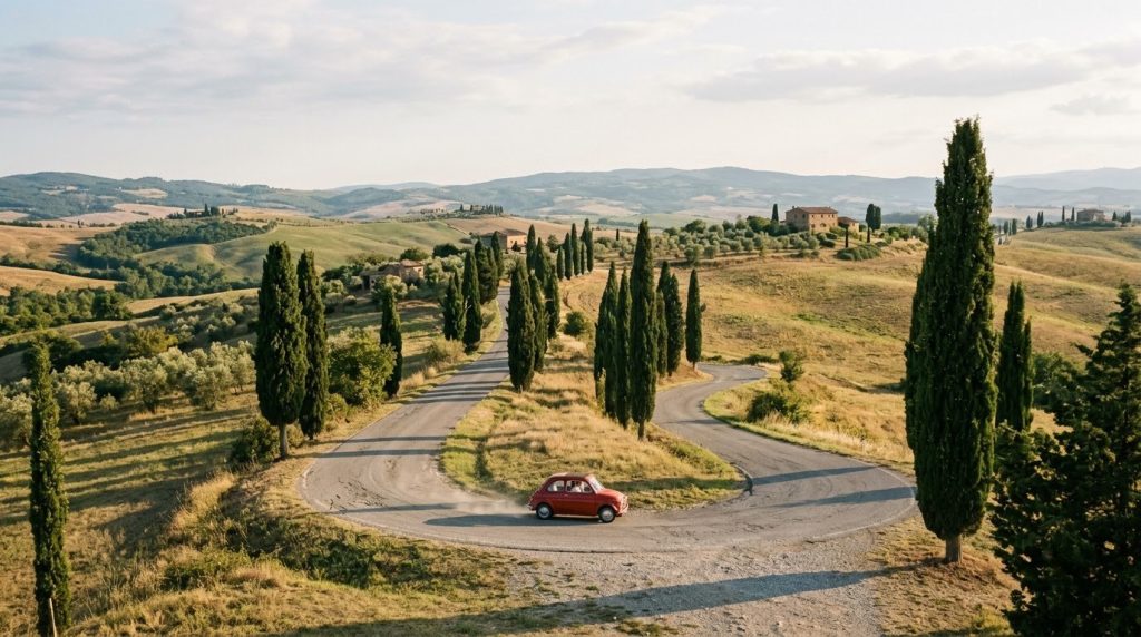 Narrow winding road through cypress-lined hills in the Tuscan countryside