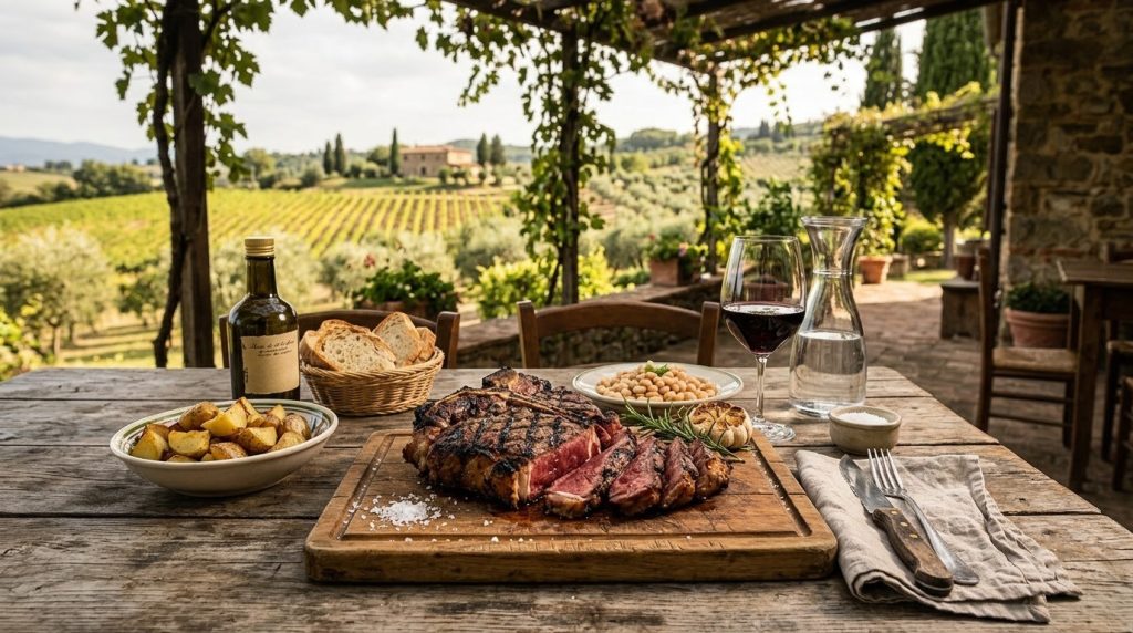 Steak served at an outdoor trattoria with Tuscan vineyards behind