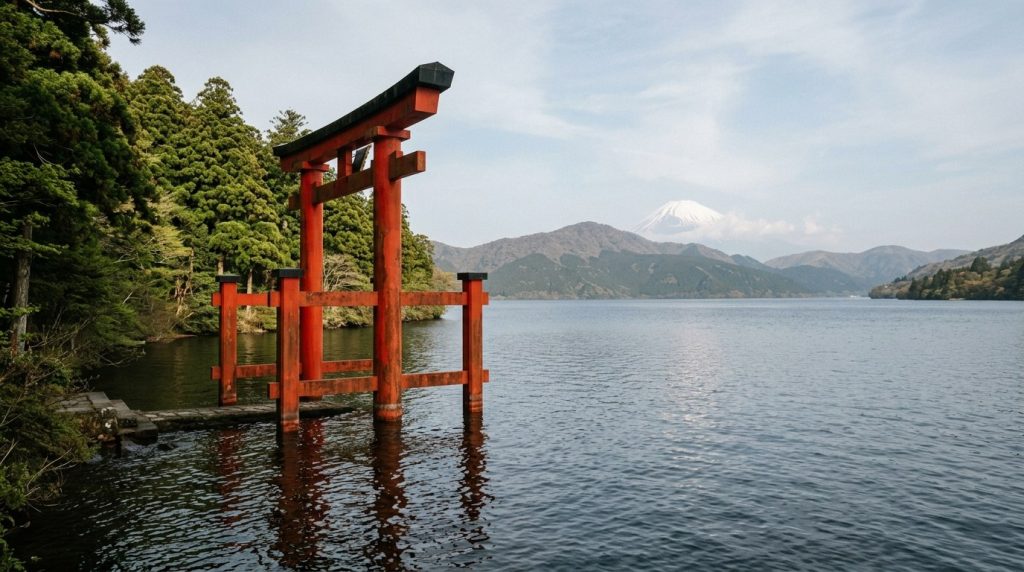 Red torii gate in Lake Ashi with Mount Fuji behind it, Hakone